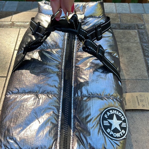 New W/ Tags PawRoll Winter Dog Jacket. Metallic Silver. Dog jacket with harness. - Picture 3 of 6